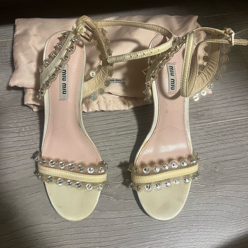 Miu Miu Cream and Pink Crystal-Embellished Ankle-Strap Heels
